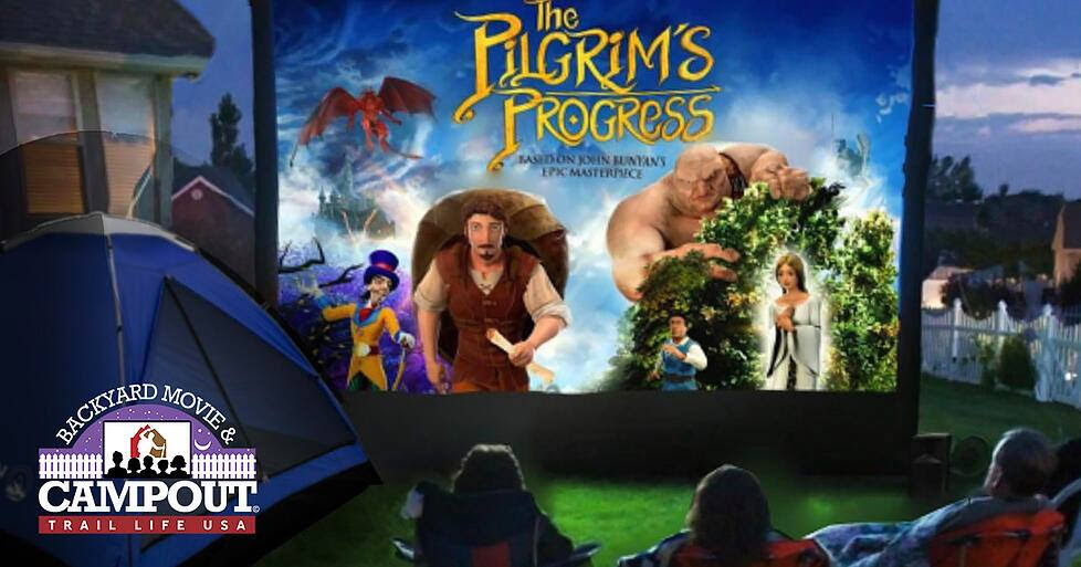 Outdoor movie night featuring The Pilgrim's Progress with tents and audience at dusk.