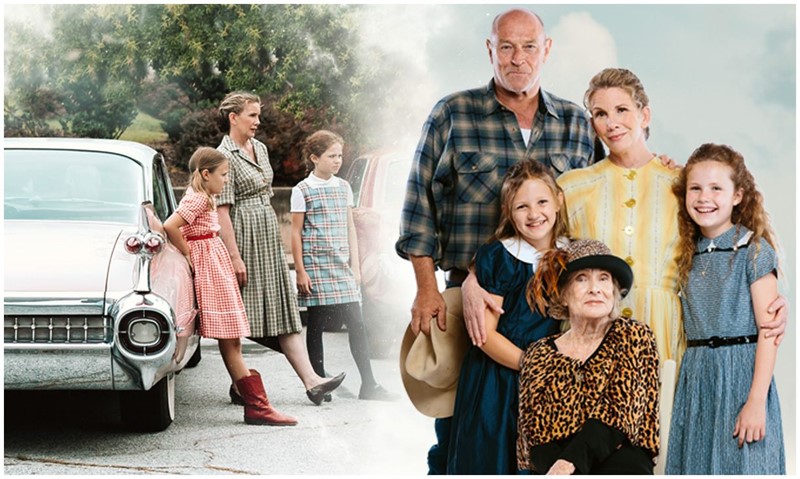 Vintage family portrait with classic car, featuring adults and children in retro dresses and plaid shirts.