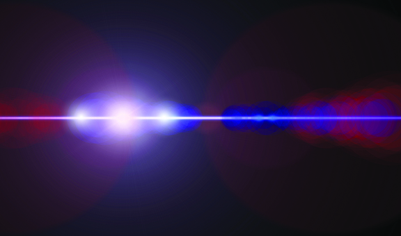 Bright horizontal lens flare with vibrant blue and red colors against a dark background.