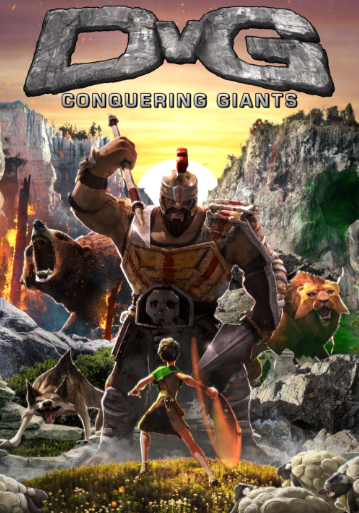 Fierce battle scene from DvG: Conquering Giants featuring a young warrior and towering robot amidst wild creatures.