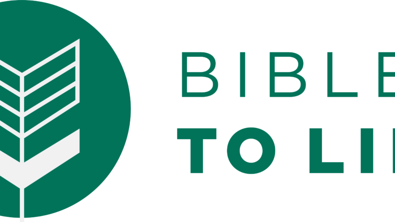 Bible to Life logo with green circle and abstract book icon on left side.
