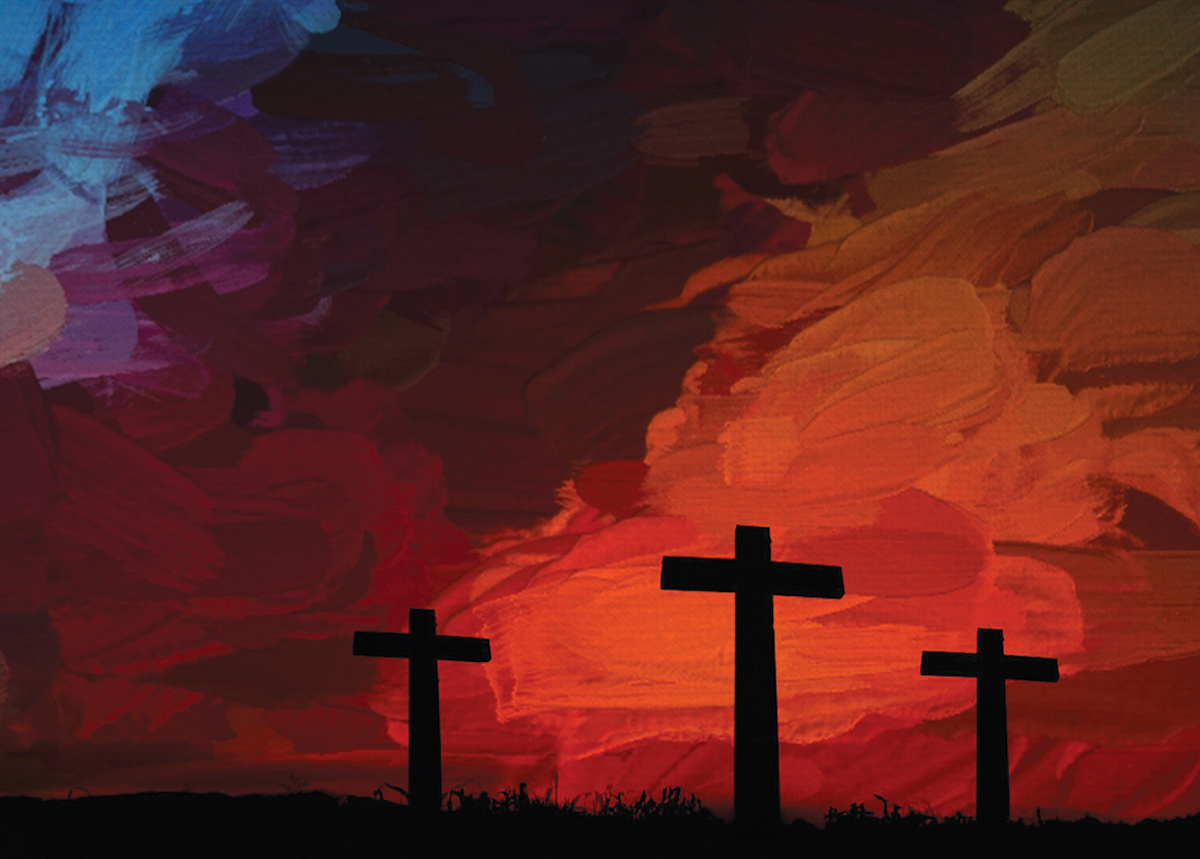 Silhouetted crosses against a vibrant red and blue sunset sky, symbolizing faith and hope.