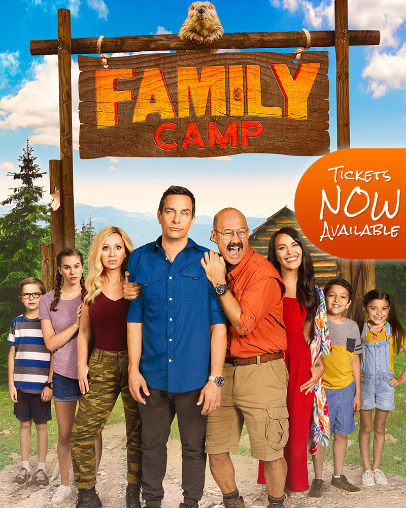 Family Camp movie poster featuring a group at a campsite with Tickets Now Available message.