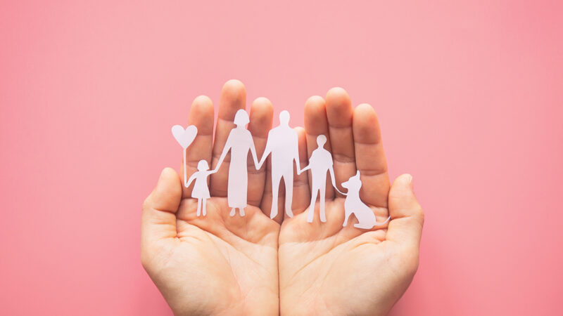 Hands holding paper cut-out family and dog on a pink background, symbolizing love and protection.