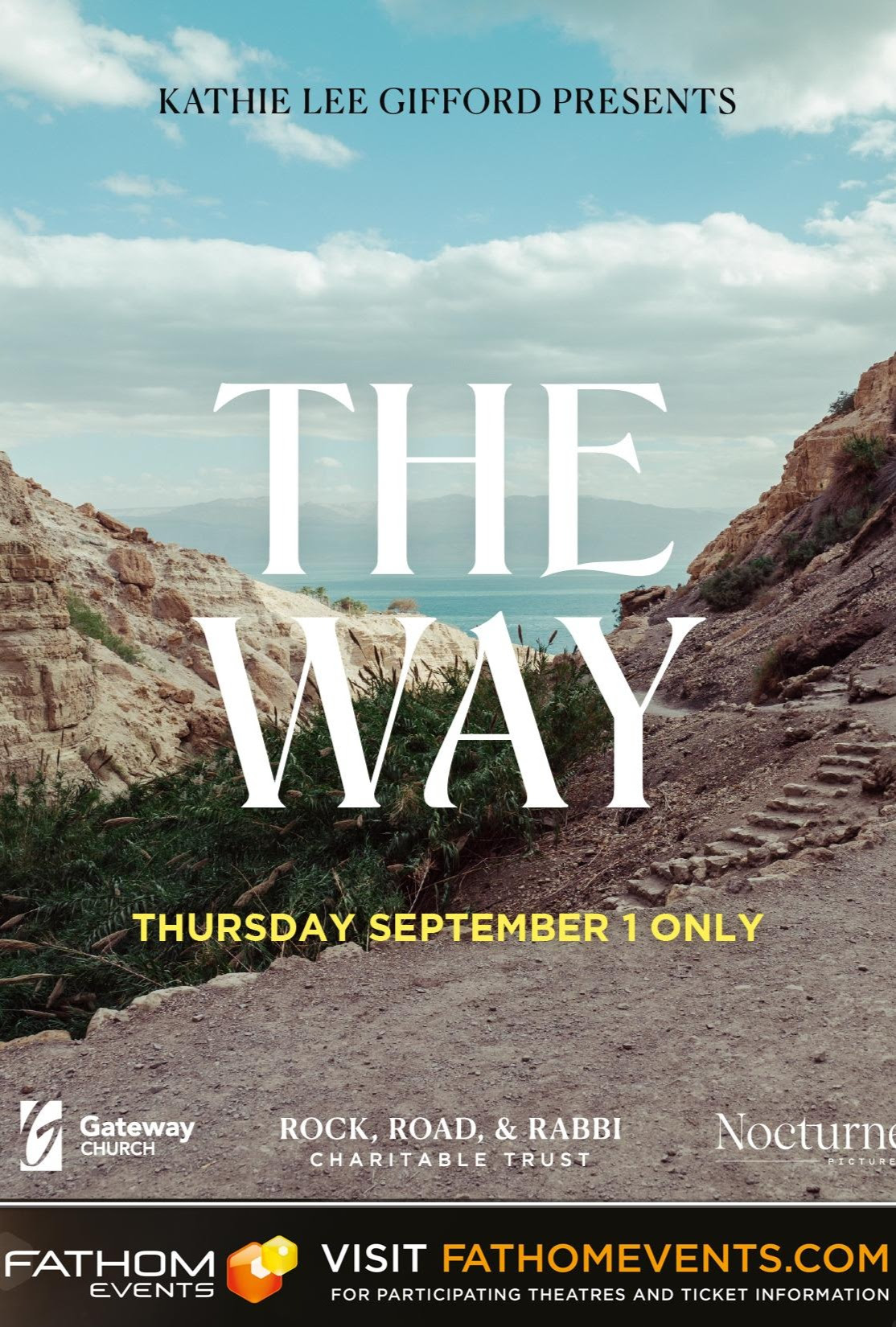 Kathie Lee Gifford presents The Way film poster, scenic rocky landscape, event September 1 by Fathom Events.