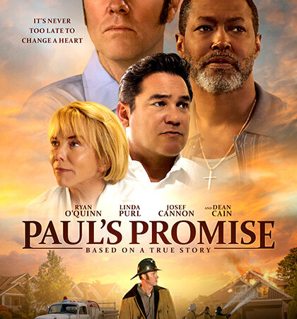 Movie poster for Paul's Promise featuring four characters against a sunset, tagline It's never too late to change a heart.