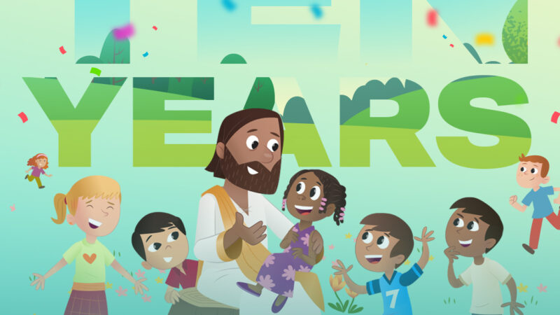 Celebrating 10 years with Bible App for Kids – cartoon Jesus with happy children, confetti in the background.