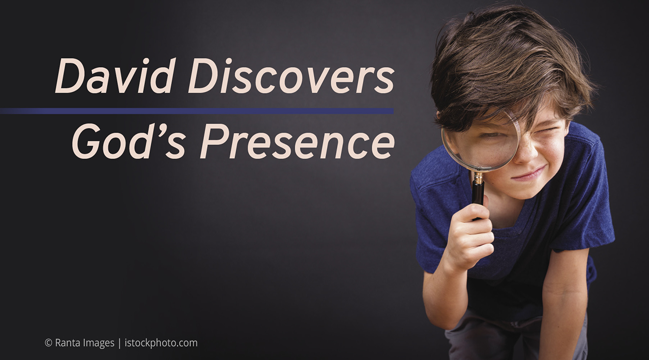 Boy with magnifying glass under David Discovers God's Presence text on dark background.