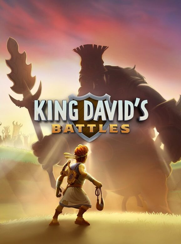 King David's Battles game cover, featuring a warrior facing a giant shadow at sunset.