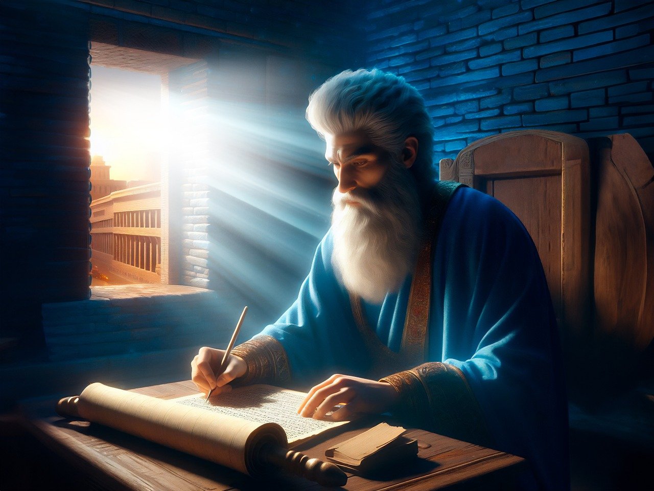 Ancient philosopher writing by window with sun rays, deep in thought, wearing blue robe, historical setting.