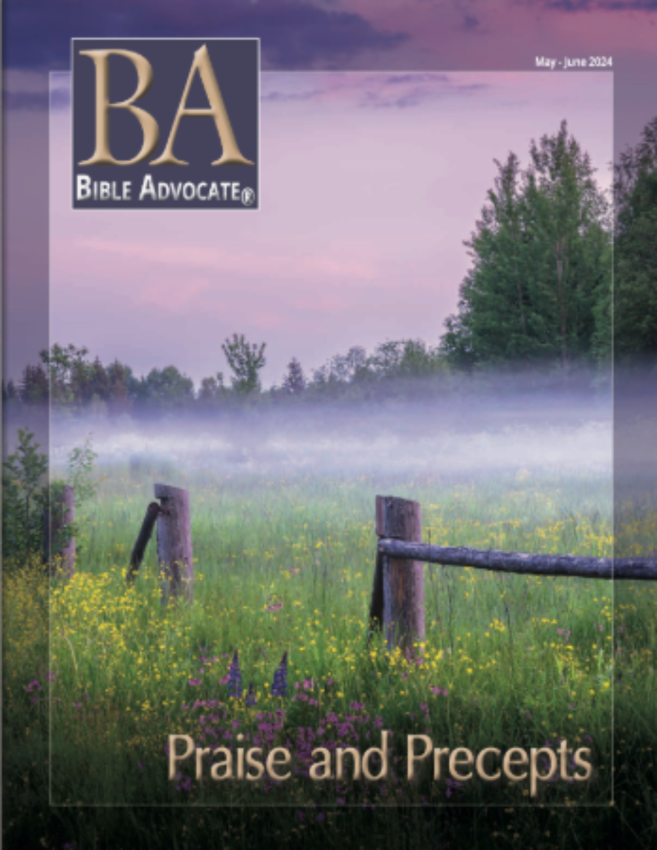 Cover of Bible Advocate magazine, May-June 2024 issue, titled Praise and Precepts with serene meadow scene.