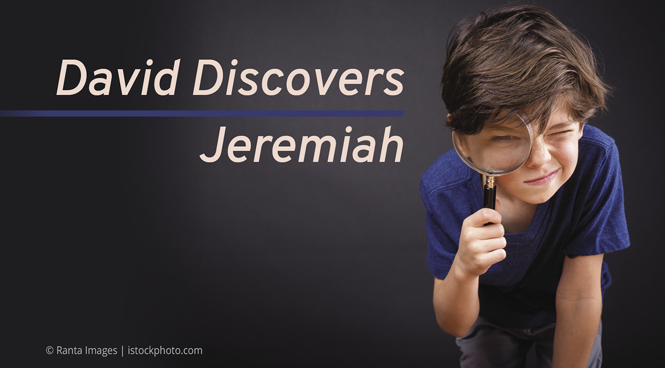 Boy with magnifying glass, titled David Discovers Jeremiah. Curious exploration, dark background, casual blue shirt.