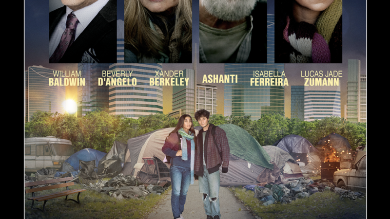 Movie poster for No Address highlighting homelessness and society with actors and urban tent city scene.