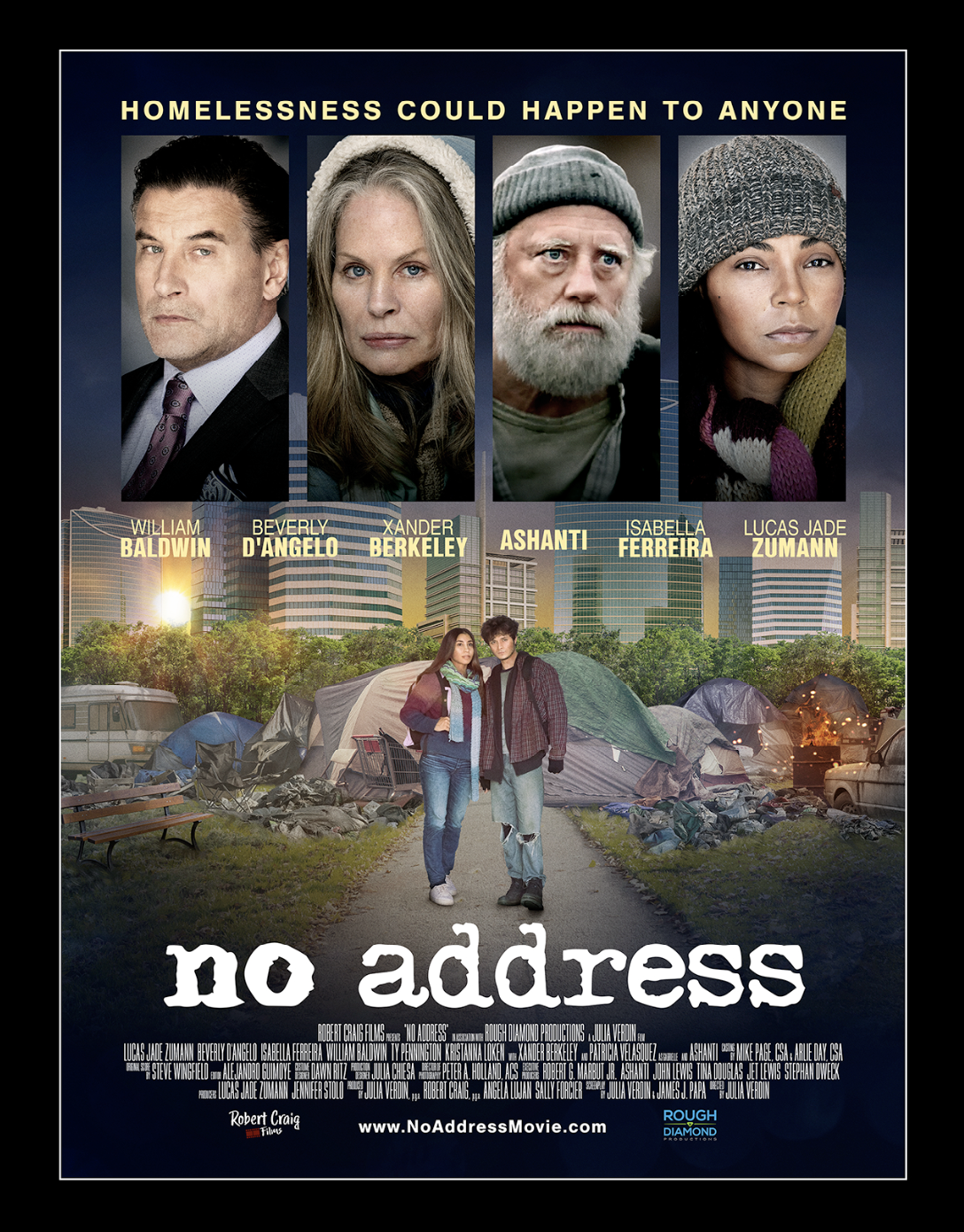 Movie poster for No Address highlighting homelessness and society with actors and urban tent city scene.