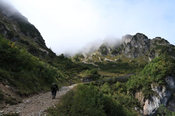 Hiker on a mountain trail surrounded by lush greenery and misty peaks, creating a serene and adventurous landscape.